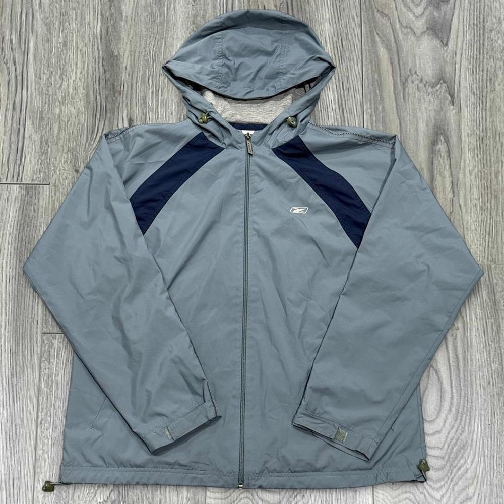 VINTAGE Y2K Reebok Windbreaker Jacket Womens M Slate Blue Navy Vector Logo Hood